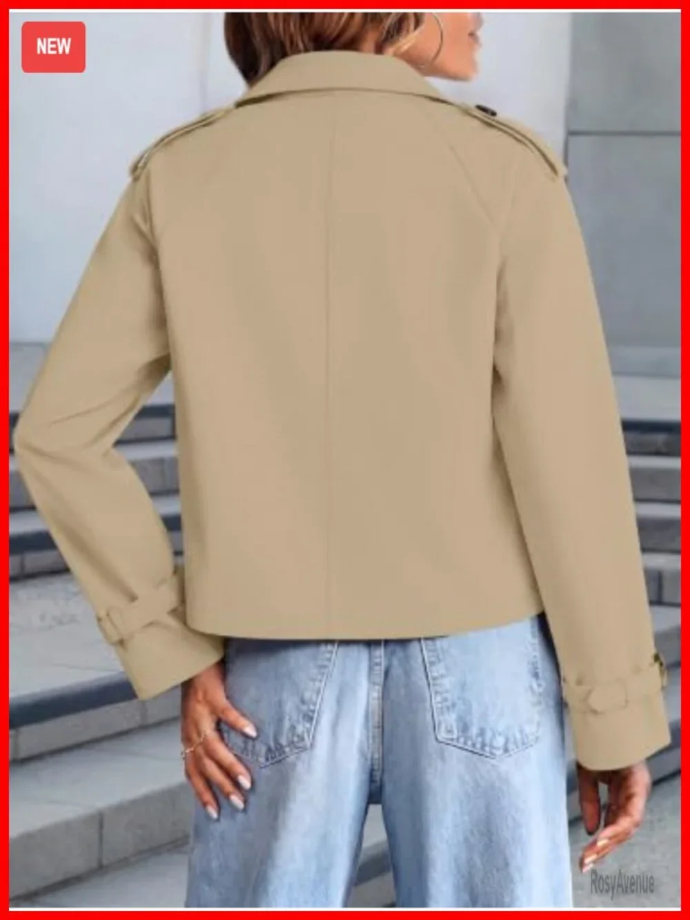 Cropped Double Breasted Trench Coat Raglan Sleeve Notch Collar Women's
